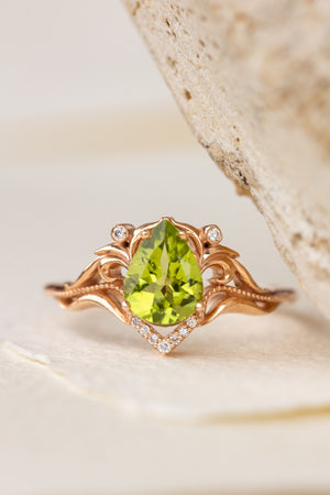 Natural peridot engagement ring, teardrop gemstone proposal ring / Lida small - Eden Garden Jewelry™