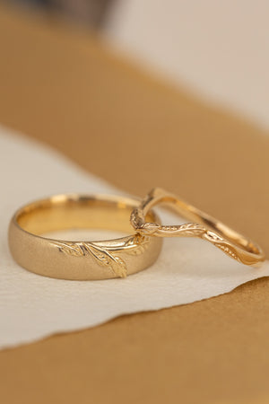 Wedding rings set for couples: satin band with branch for him, simple curved twig ring for her - Eden Garden Jewelry™