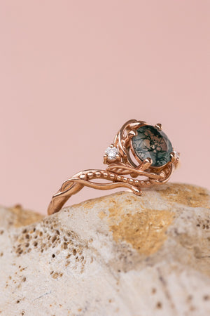 Rose gold engagement ring with moss agate and diamond accents / Undina - Eden Garden Jewelry™