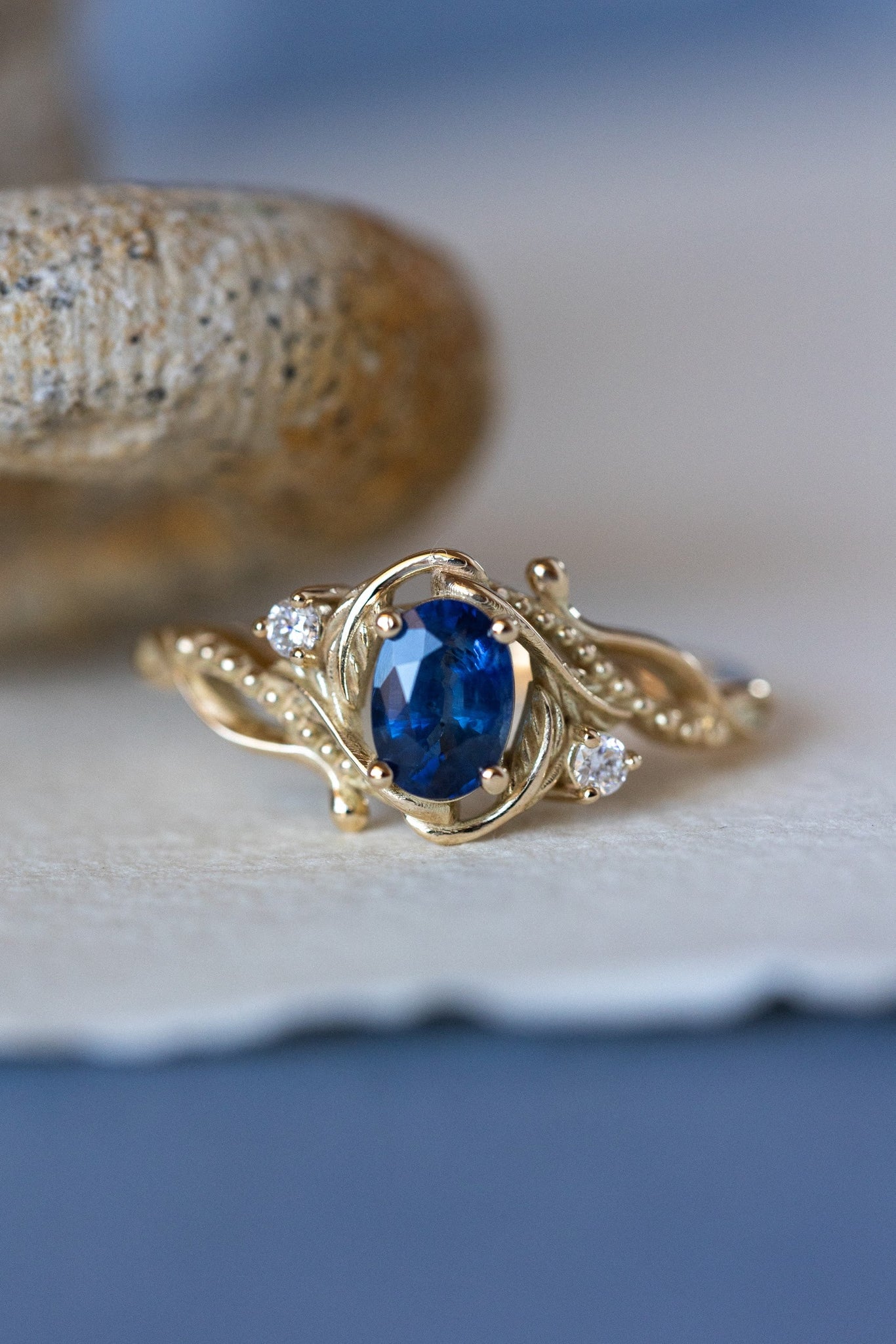 Natural blue sapphire engagement ring with accent diamonds / Undina - Eden Garden Jewelry™