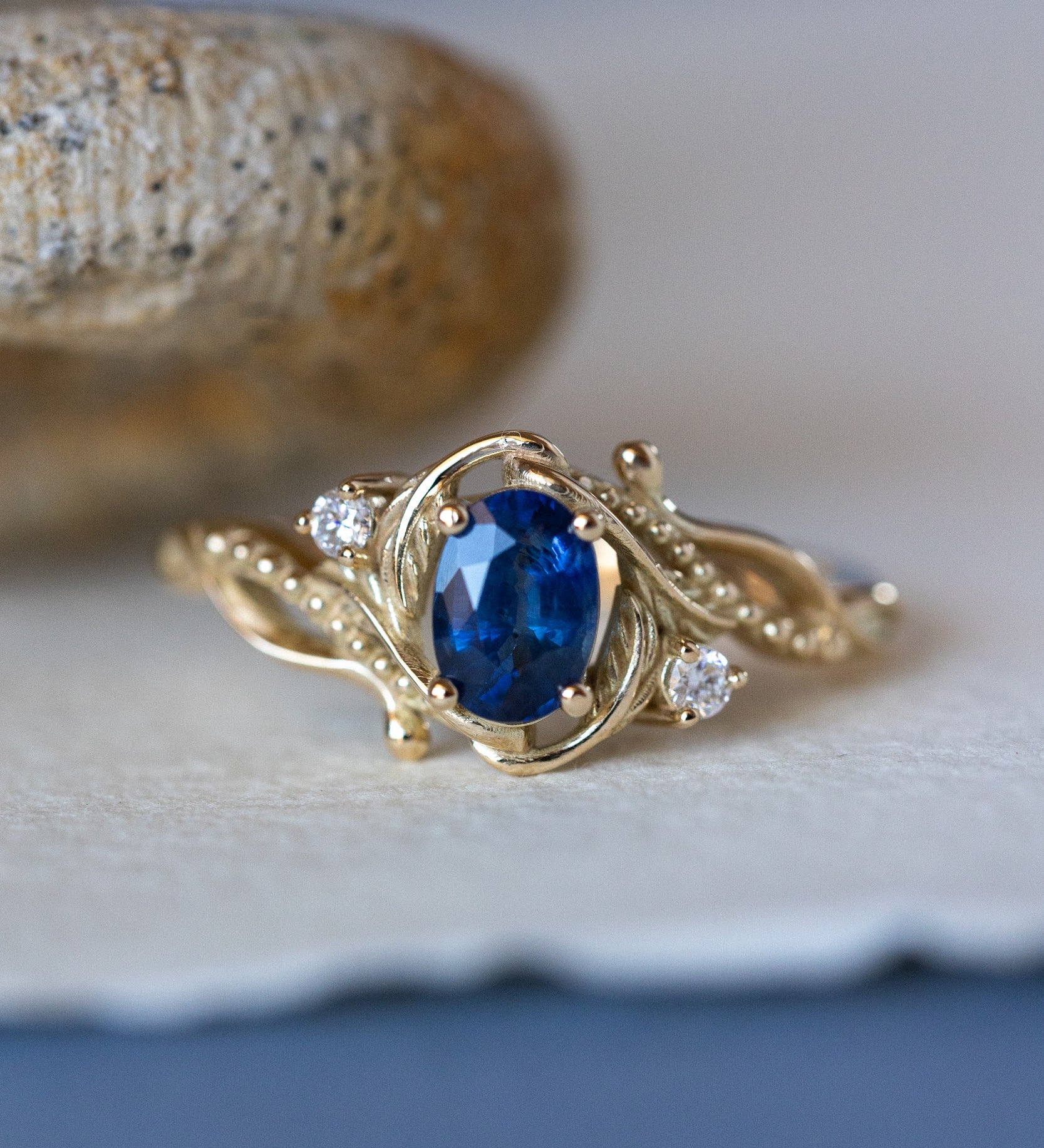 Natural blue sapphire engagement ring with accent diamonds / Undina - Eden Garden Jewelry™