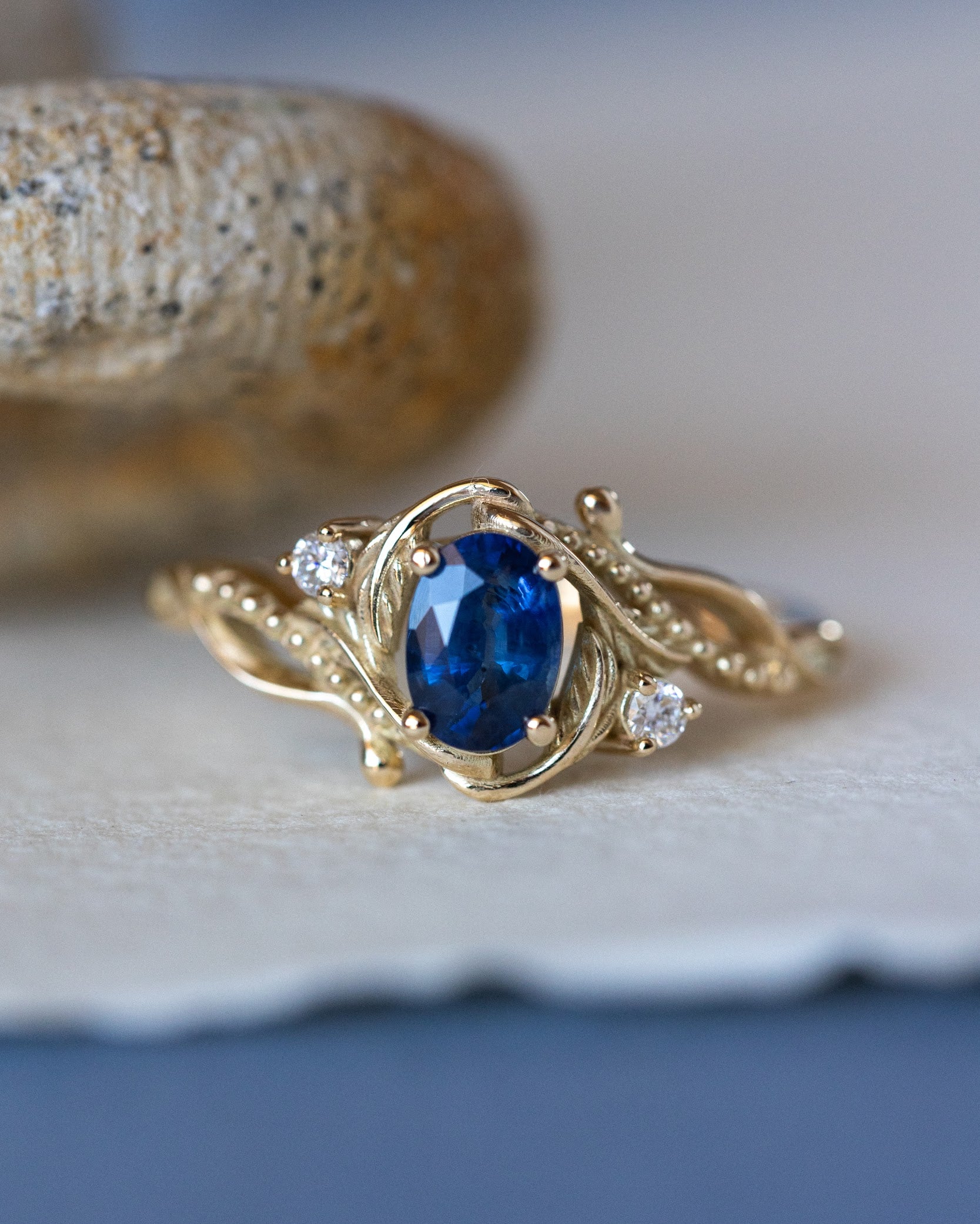 Natural blue sapphire engagement ring with accent diamonds / Undina - Eden Garden Jewelry™