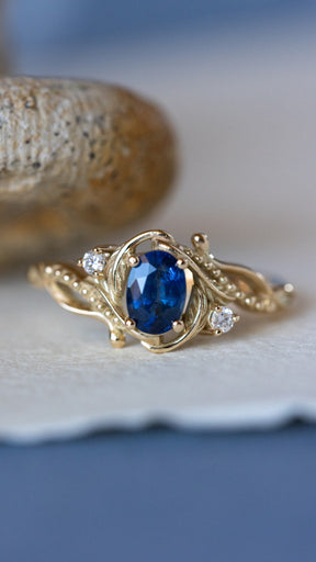 Natural blue sapphire engagement ring with accent diamonds / Undina - Eden Garden Jewelry™
