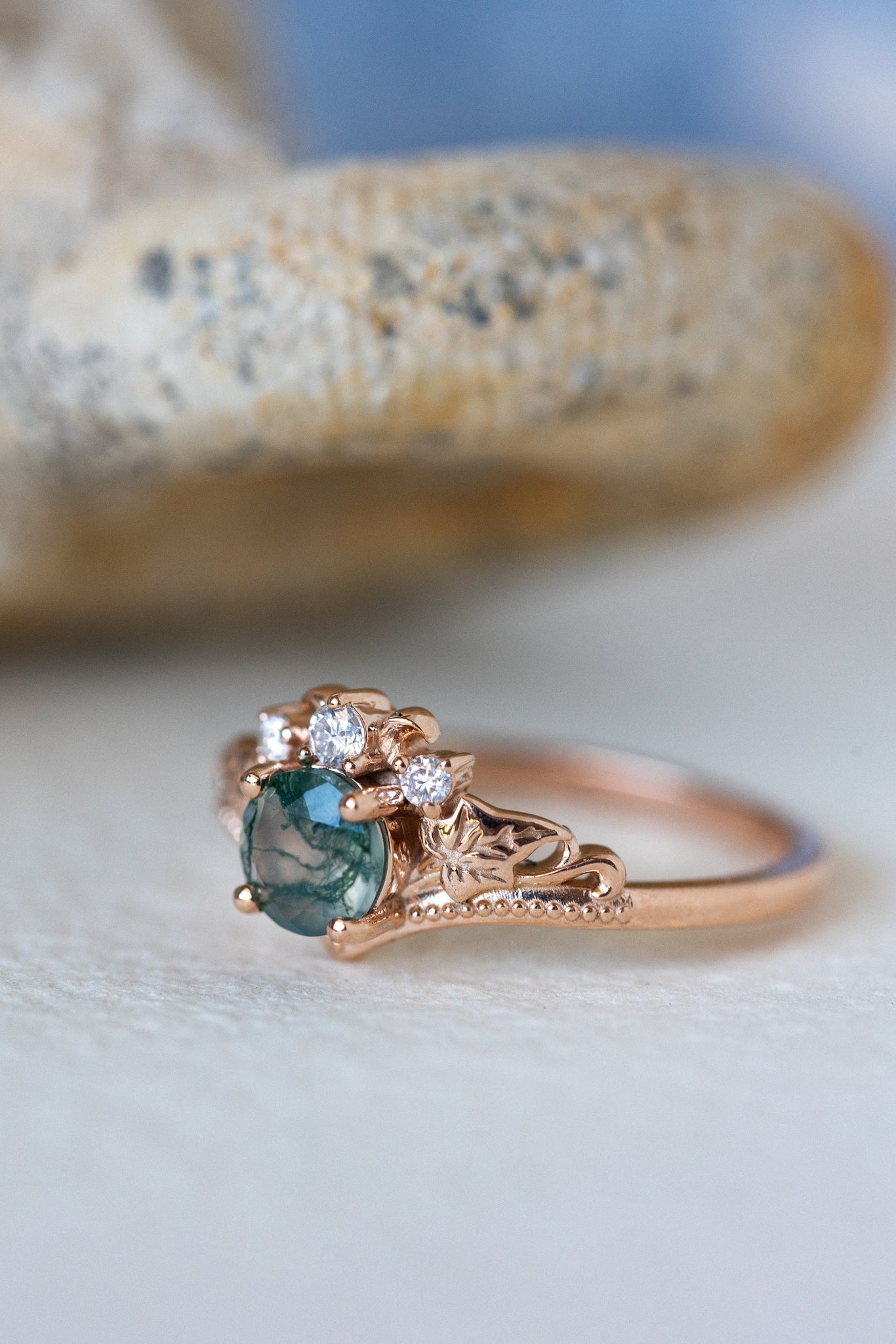 READY TO SHIP: Ariadne bridal ring set in 14K or 18K rose gold, natural moss agate 5 mm, accents moissanites, AVAILABLE RING SIZES: 4.5-11US - Eden Garden Jewelry™