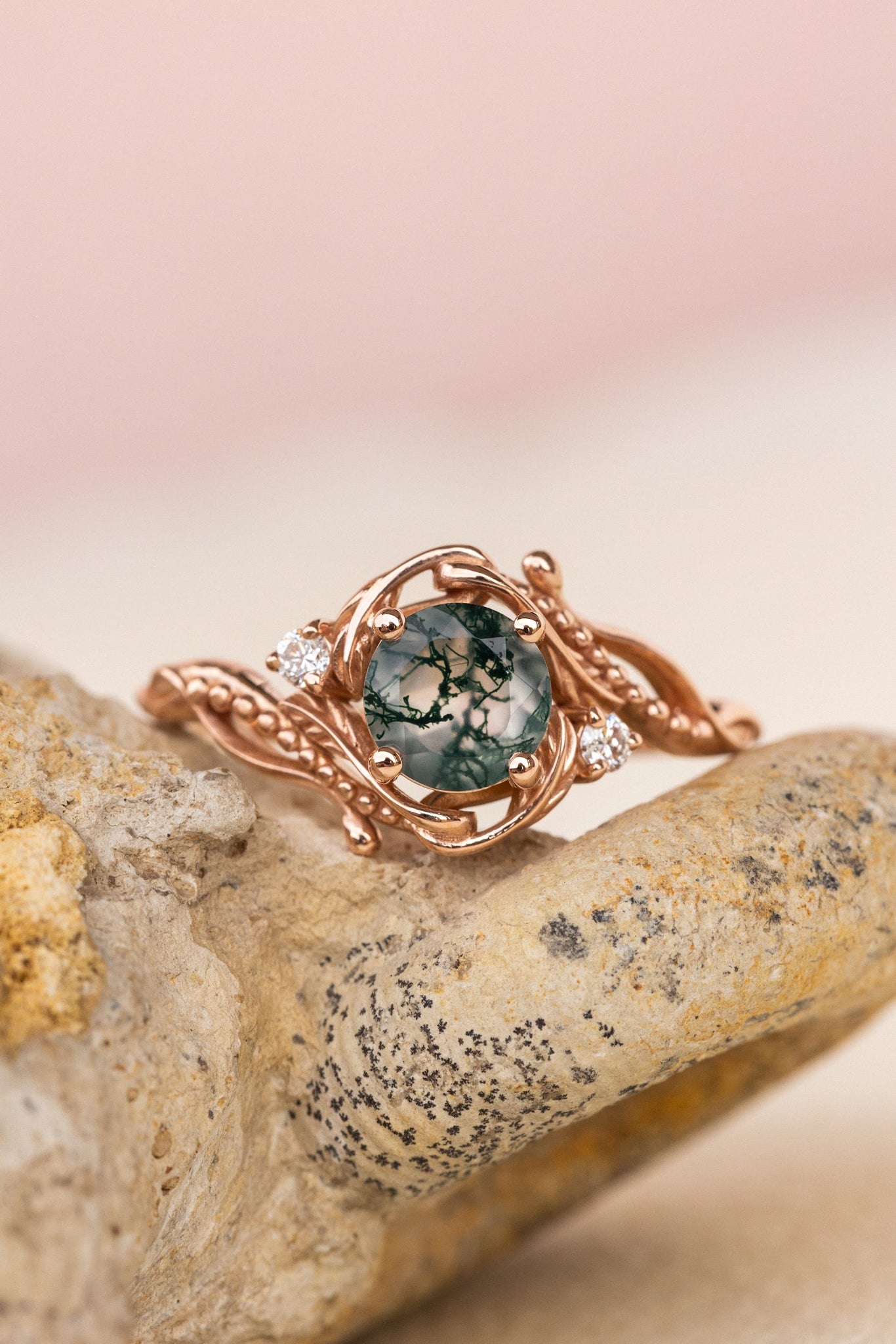 Rose gold engagement ring with moss agate and diamond accents / Undina - Eden Garden Jewelry™