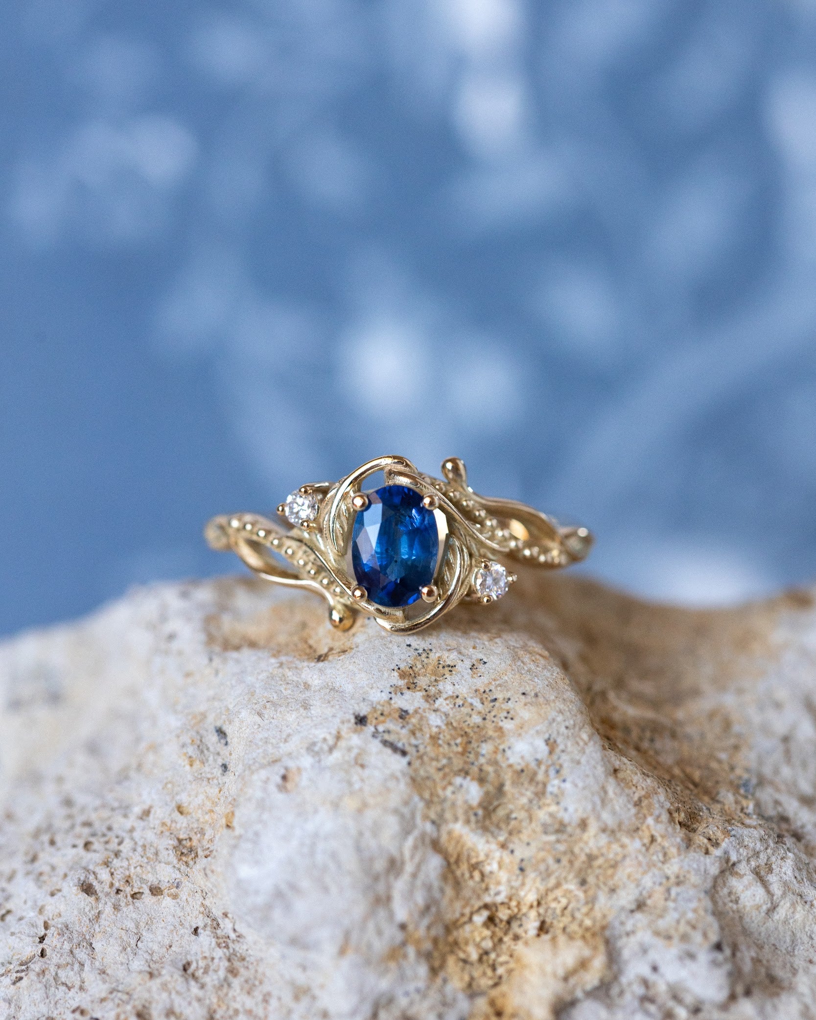 Natural blue sapphire engagement ring with accent diamonds / Undina - Eden Garden Jewelry™