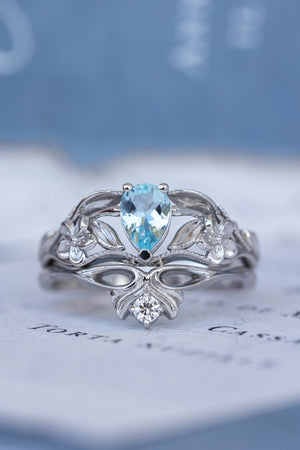 Natural aquamarine engagement ring set, art nouveau flower bridal ring set / Eloise - Eden Garden Jewelry™