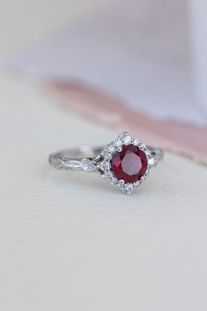Lab ruby and diamond halo bridal ring set, nature inspired white gold stacking rings / Florentina - Eden Garden Jewelry™