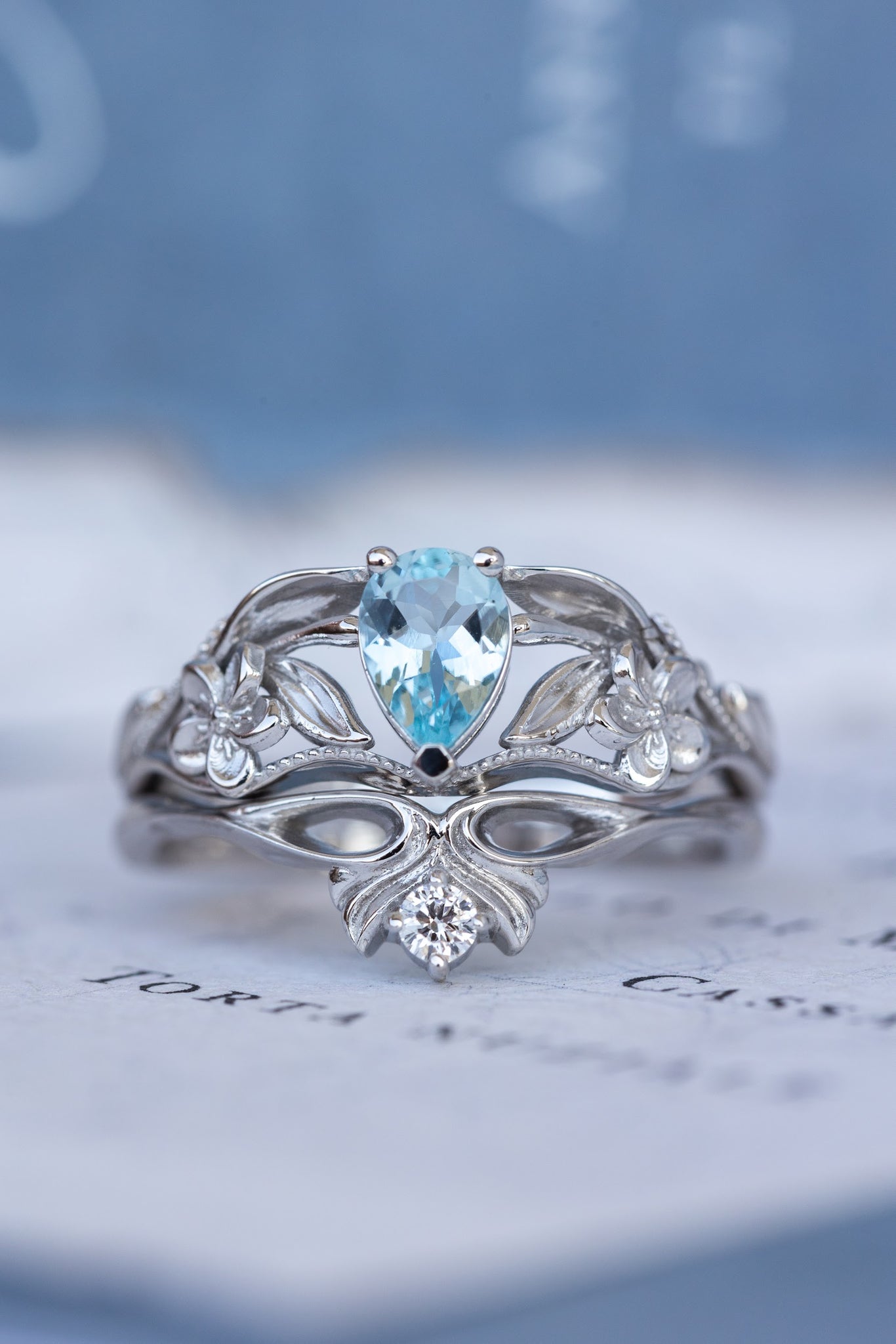 Eloise | floral bridal ring set - pear cut engagement ring & matching band