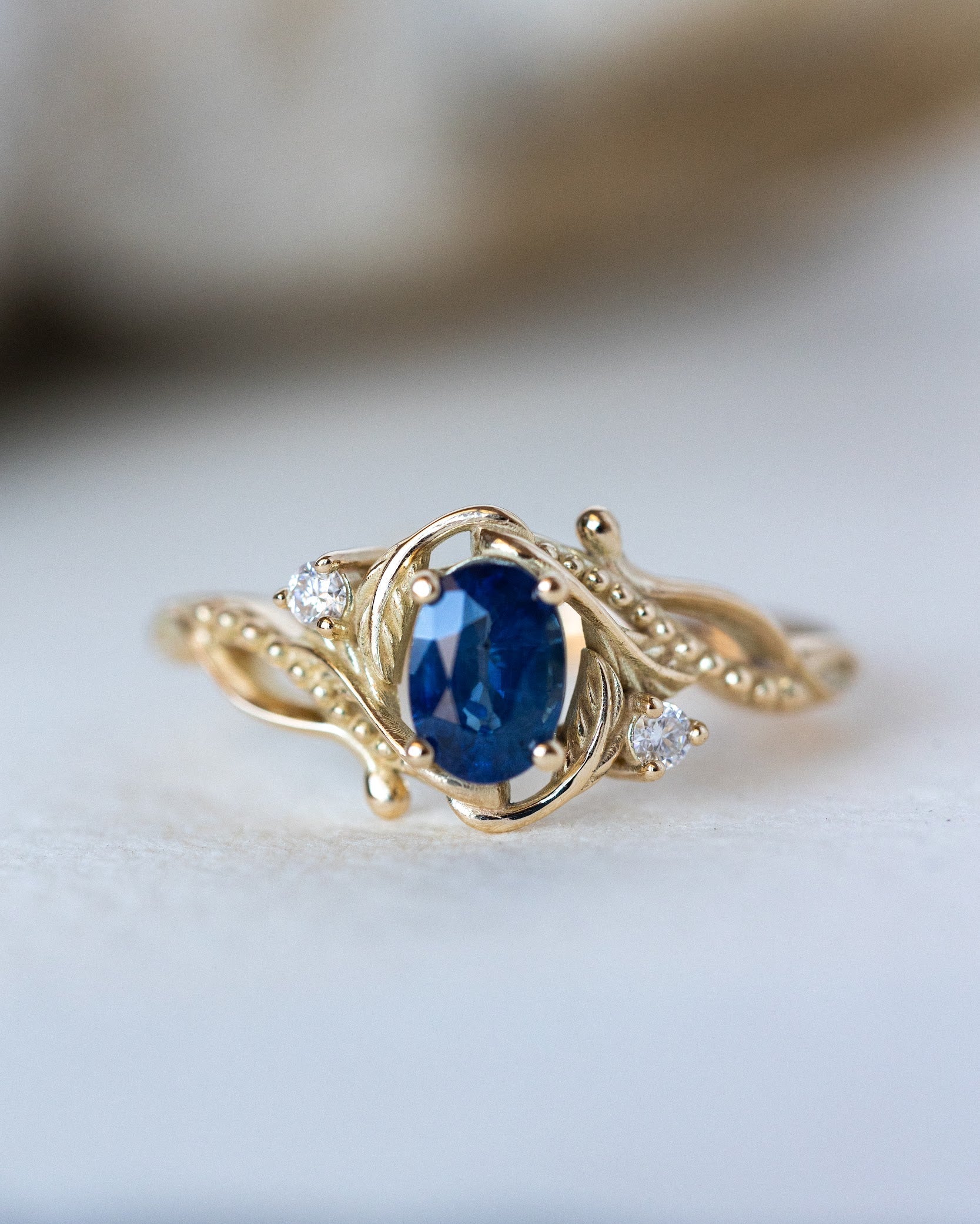 Natural blue sapphire engagement ring with accent diamonds / Undina - Eden Garden Jewelry™