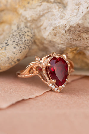 Lab ruby and diamonds engagement ring, big pear shape gemstone promise ring  / Lida - Eden Garden Jewelry™