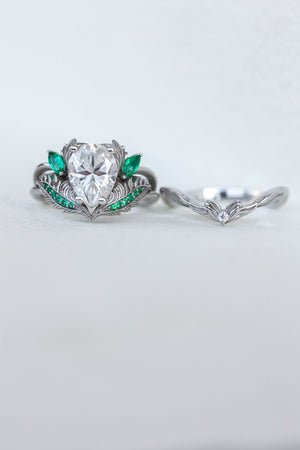 Pear moissanite engagement ring, nature inspired gold ring with accent emeralds / Adonis - Eden Garden Jewelry™