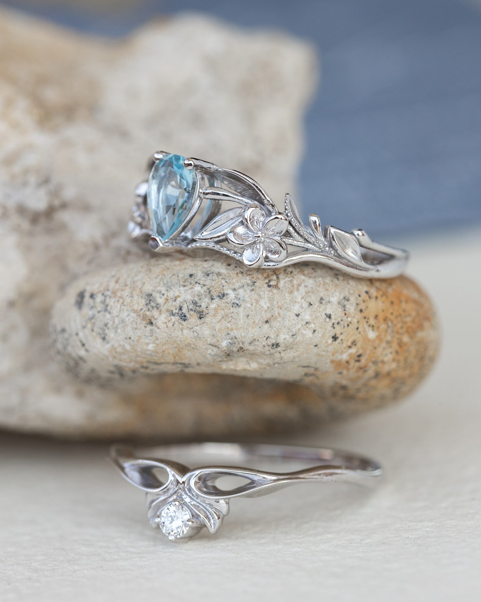 Gold flower engagement ring with natural aquamarine, art nouveau proposal ring / Eloise - Eden Garden Jewelry™