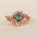 Bridal ring set in rose gold with natural round moss agate and accent diamonds / Undina - Eden Garden Jewelry™