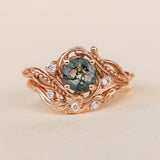 Bridal ring set in rose gold with natural round moss agate and accent diamonds / Undina - Eden Garden Jewelry™