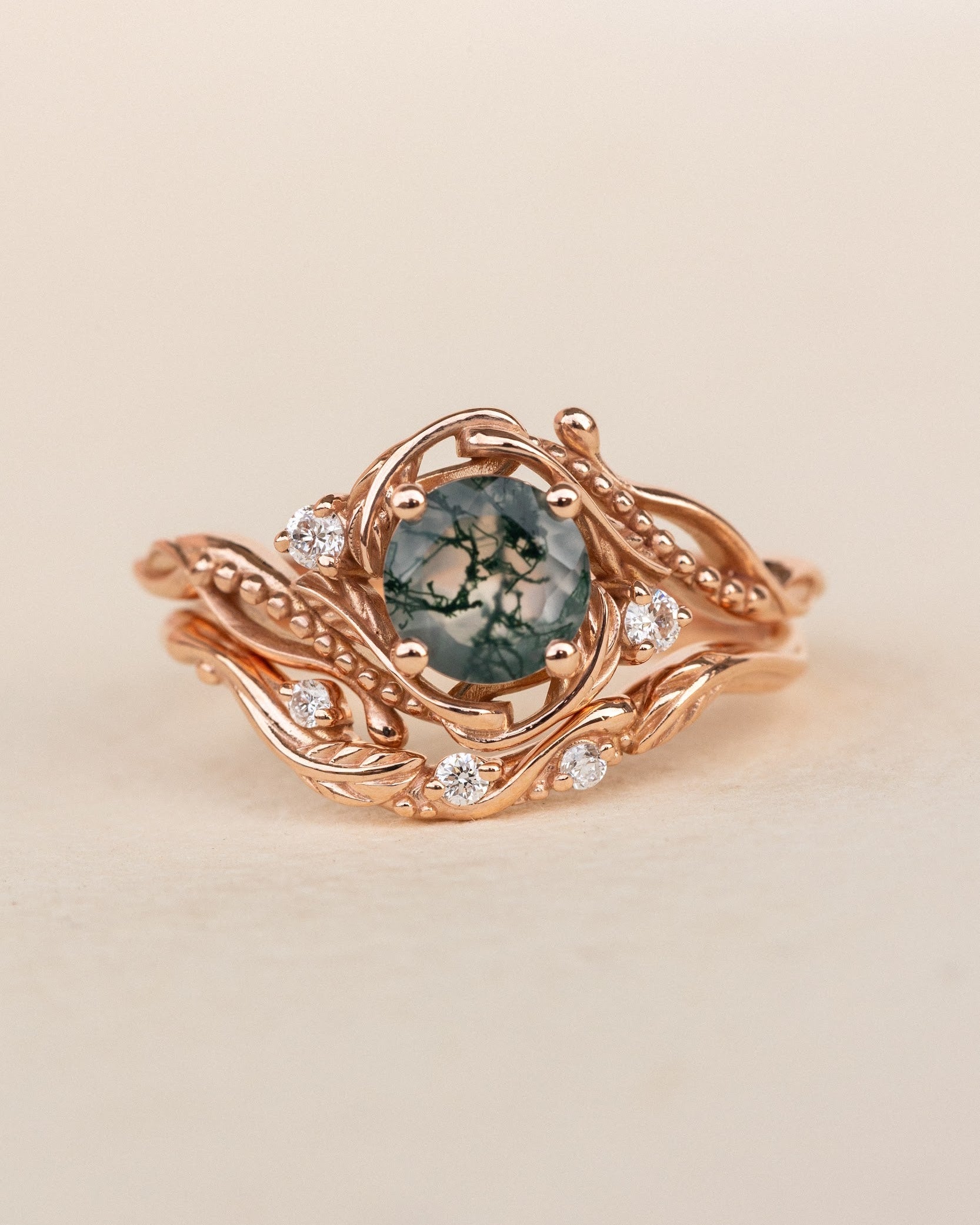 Bridal ring set in rose gold with natural round moss agate and accent diamonds / Undina - Eden Garden Jewelry™