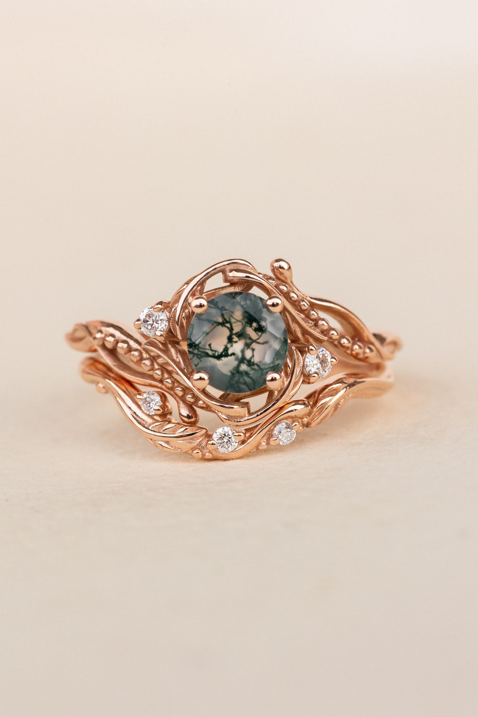 Bridal ring set in rose gold with natural round moss agate and accent diamonds / Undina - Eden Garden Jewelry™