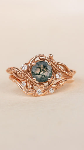 Bridal ring set in rose gold with natural round moss agate and accent diamonds / Undina - Eden Garden Jewelry™