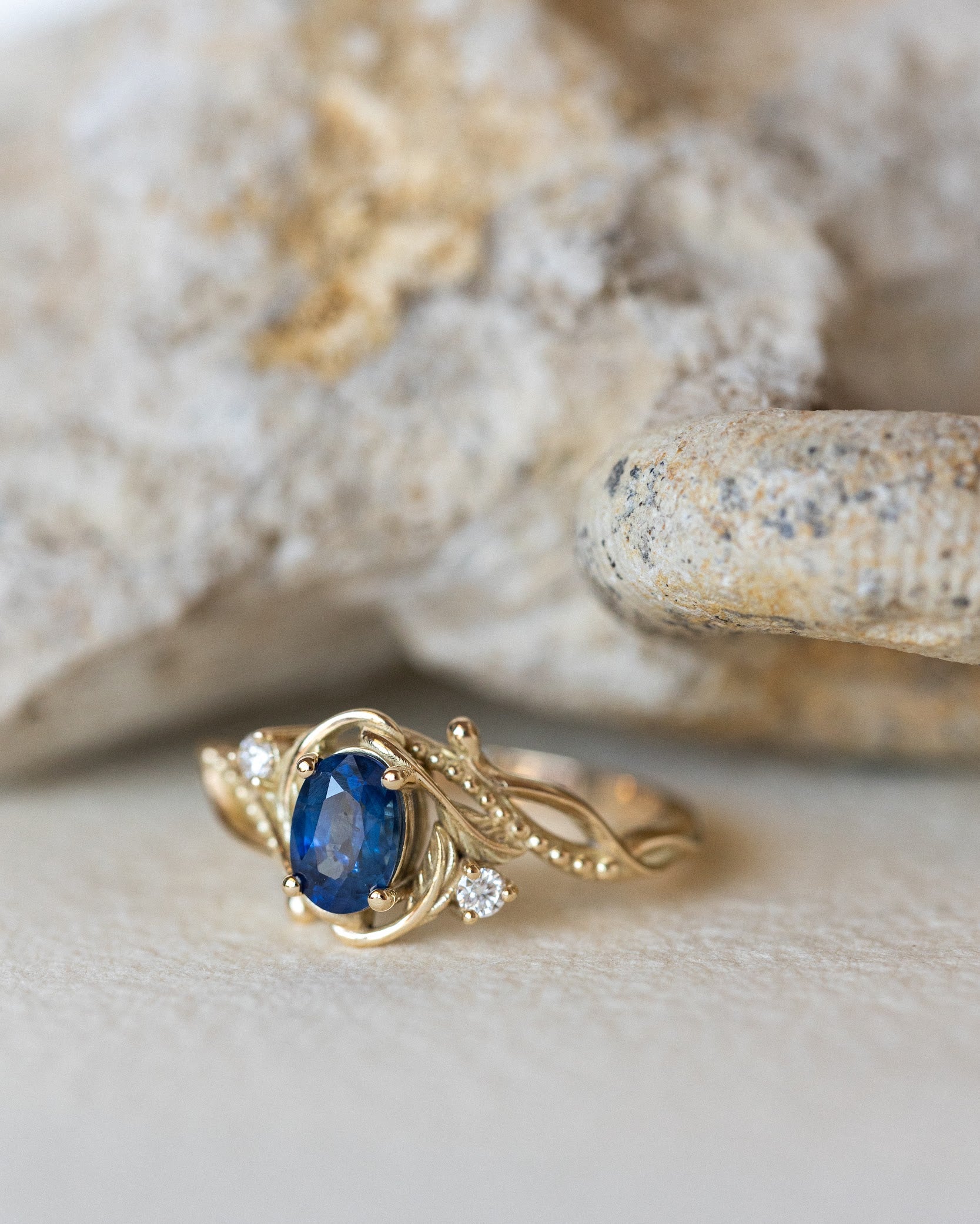 Natural blue sapphire engagement ring with accent diamonds / Undina - Eden Garden Jewelry™