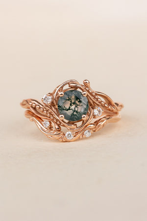 Bridal ring set in rose gold with natural round moss agate and accent diamonds / Undina - Eden Garden Jewelry™