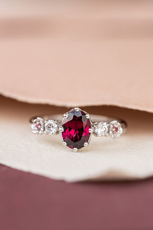 Rhodolite garnet engagement ring, white gold flower ring with diamonds and tourmalines / Fiorella - Eden Garden Jewelry™