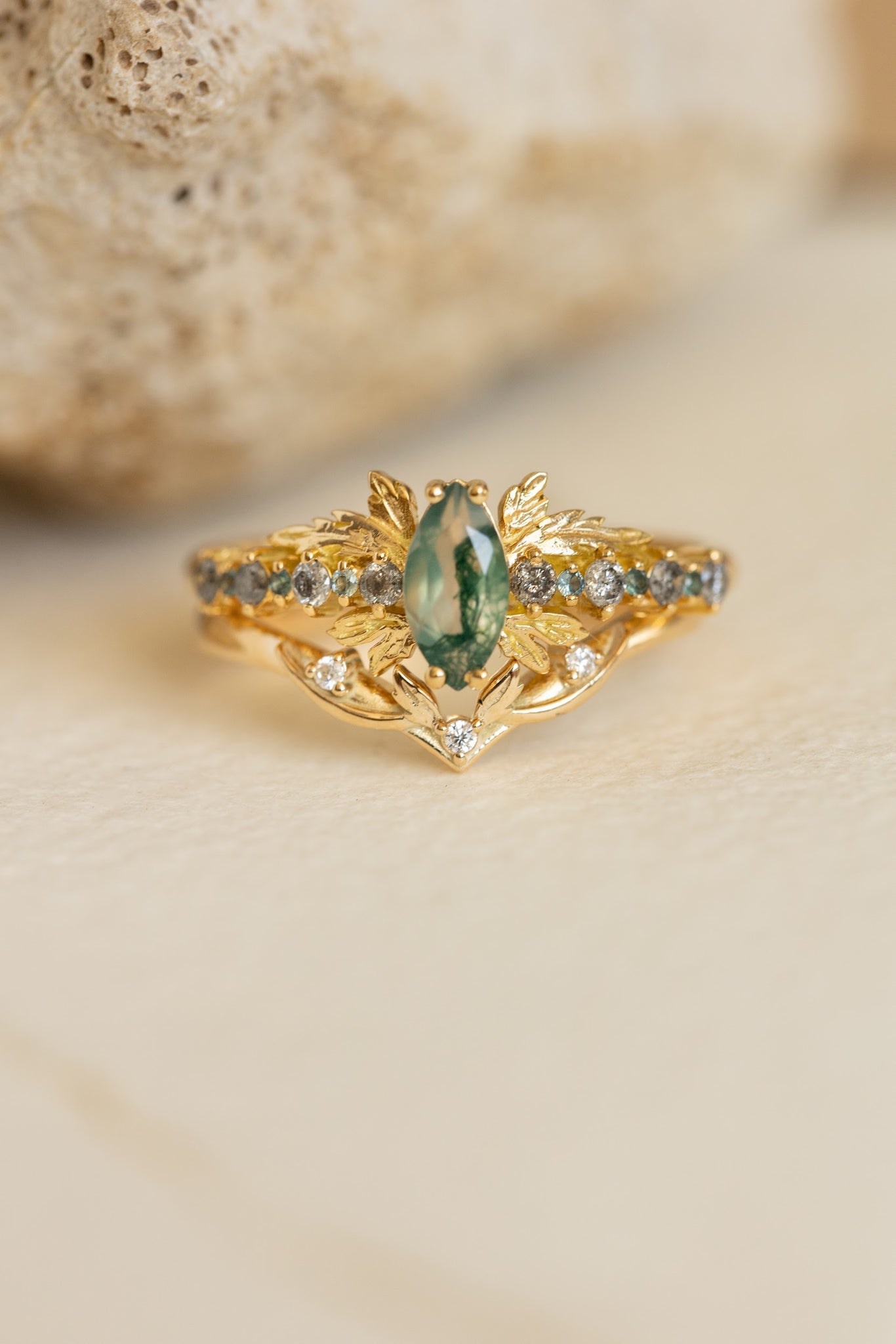 Marquise moss agate bridal ring set with salt&pepper diamonds and teal sapphires / Verbena - Eden Garden Jewelry™