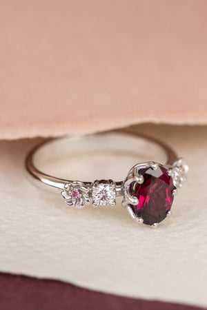 Vintage Inspired Rhodolite Garnet Ring with Oval Diamonds and Milgrain  Edging (GR-8032)