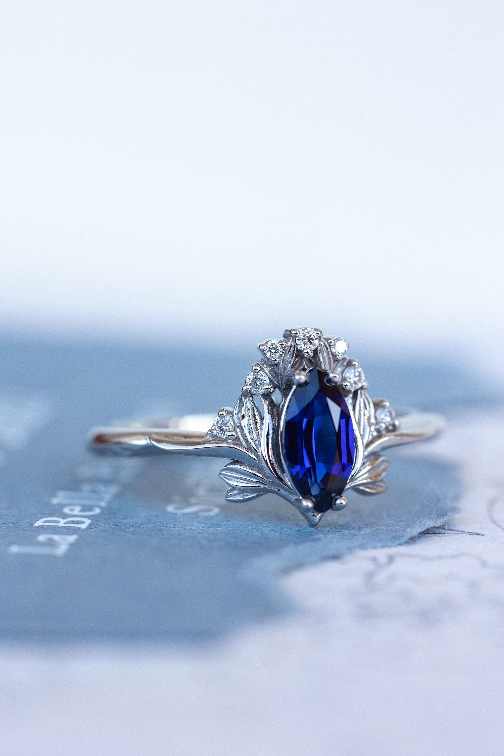 Lab blue sapphire engagement ring, iris flower gold ring with sapphire ...