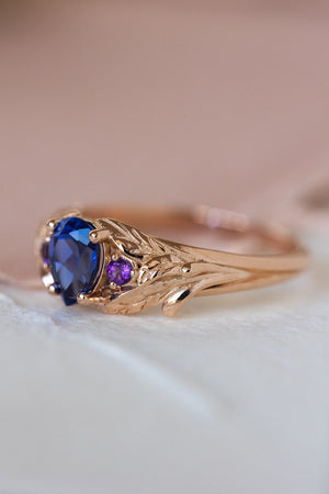 Lab blue sapphire engagement ring with side natural amethysts / Wisteria - Eden Garden Jewelry™
