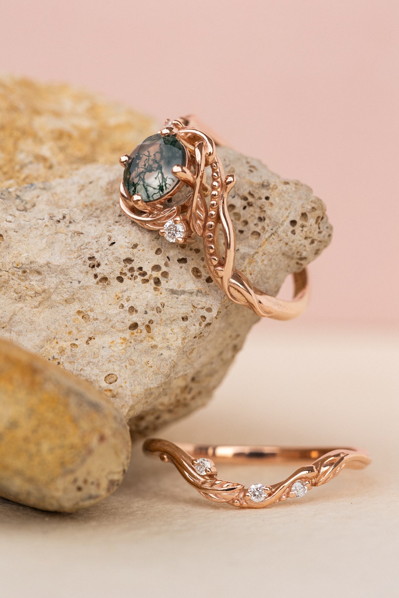 Bridal ring set in rose gold with natural round moss agate and accent diamonds / Undina - Eden Garden Jewelry™