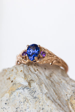 Lab blue sapphire engagement ring with side natural amethysts / Wisteria - Eden Garden Jewelry™