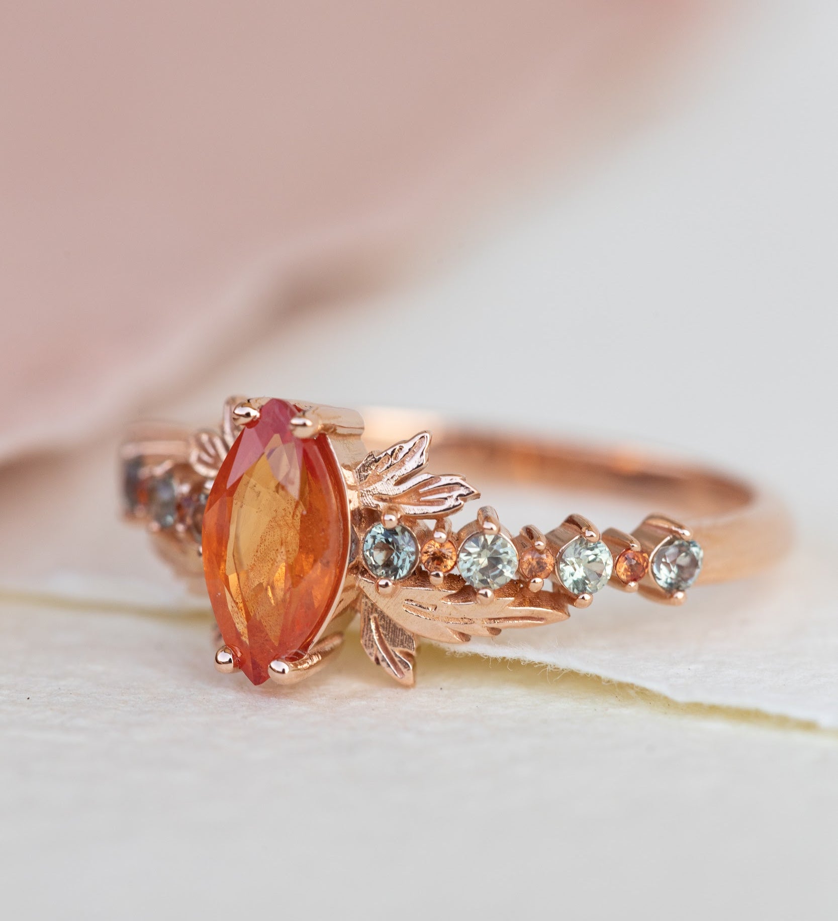 Multi sapphire engagement ring, nature inspired ring with orange sapphire / Verbena - Eden Garden Jewelry™