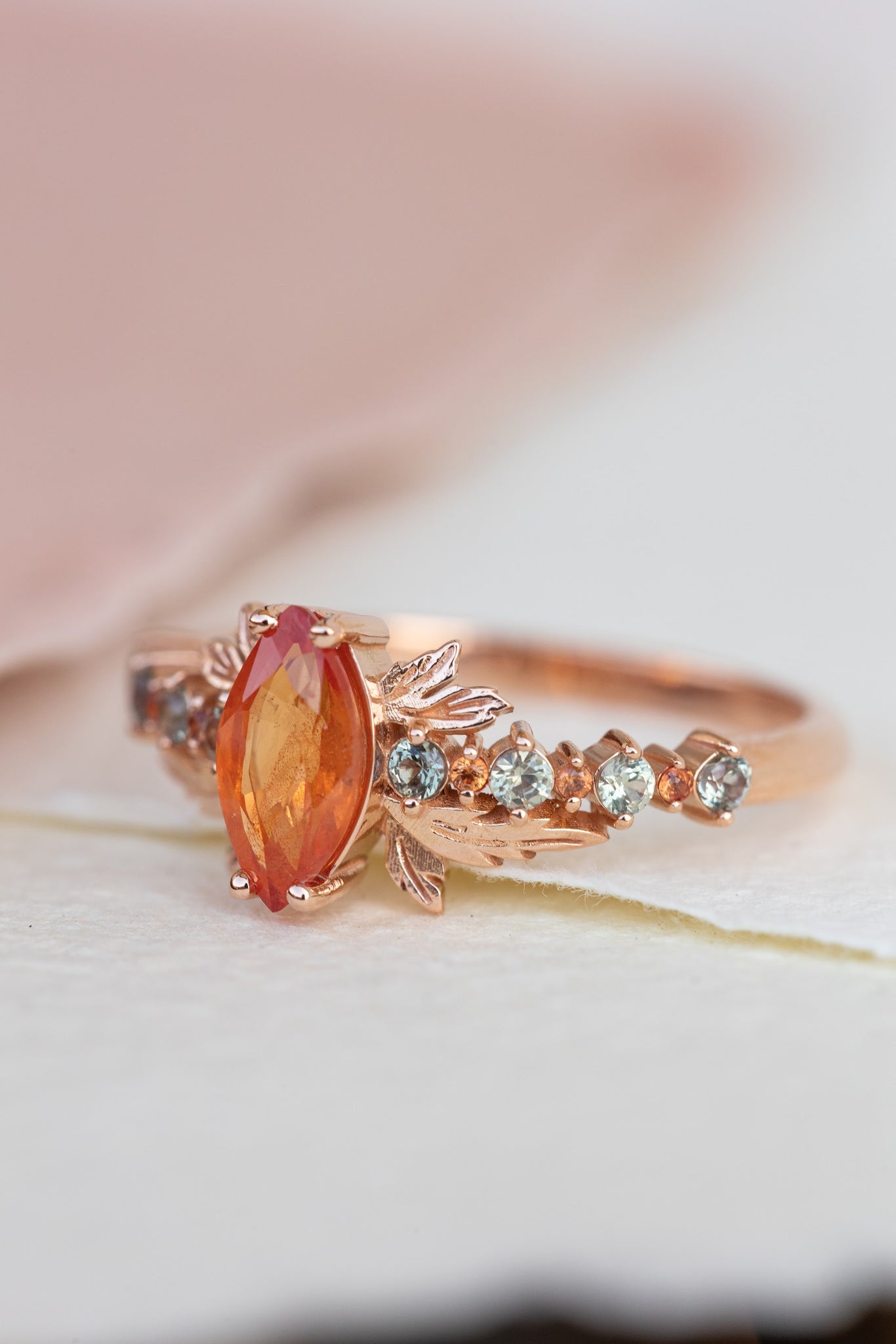 Multi sapphire engagement ring, nature inspired ring with orange sapphire / Verbena - Eden Garden Jewelry™