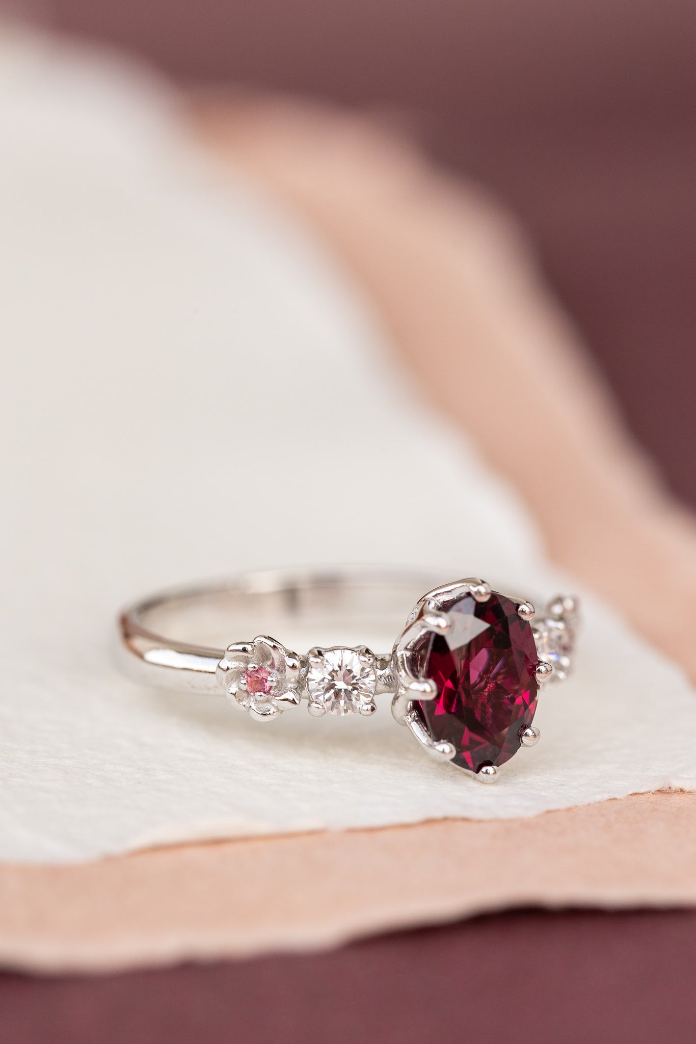 Rhodolite garnet engagement ring, white gold flower ring with diamonds and tourmalines / Fiorella - Eden Garden Jewelry™