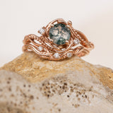 Gold bridal ring set with natural round moss agate and accent diamonds / Undina - Eden Garden Jewelry™