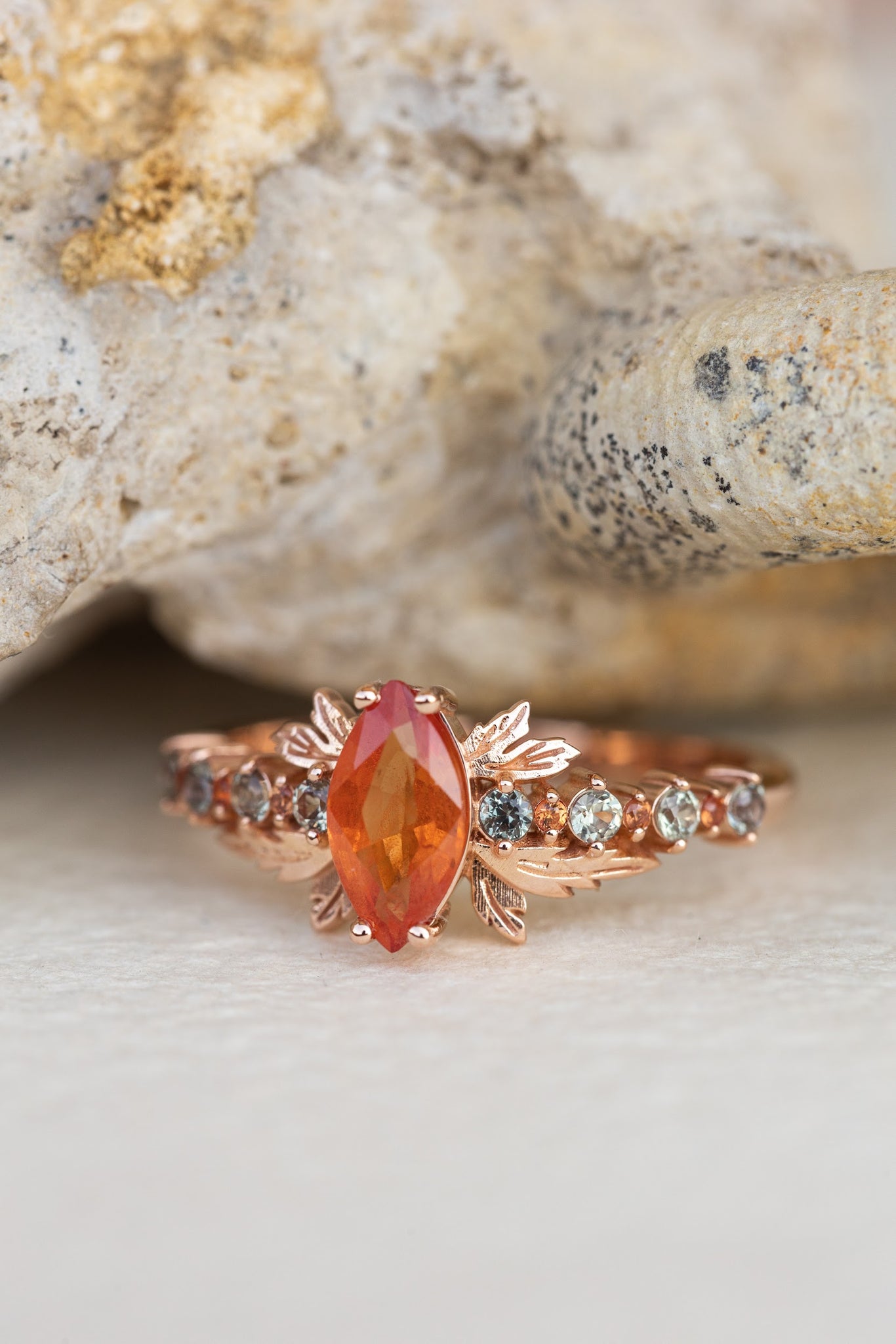 Multi sapphire engagement ring, nature inspired ring with orange sapphire / Verbena - Eden Garden Jewelry™