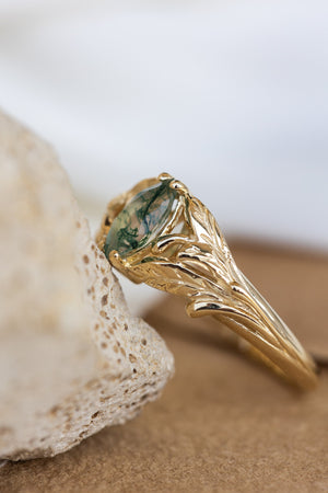 Rutile moss agate engagement ring, gold ring with marquise cut gemstone / Wisteria - Eden Garden Jewelry™