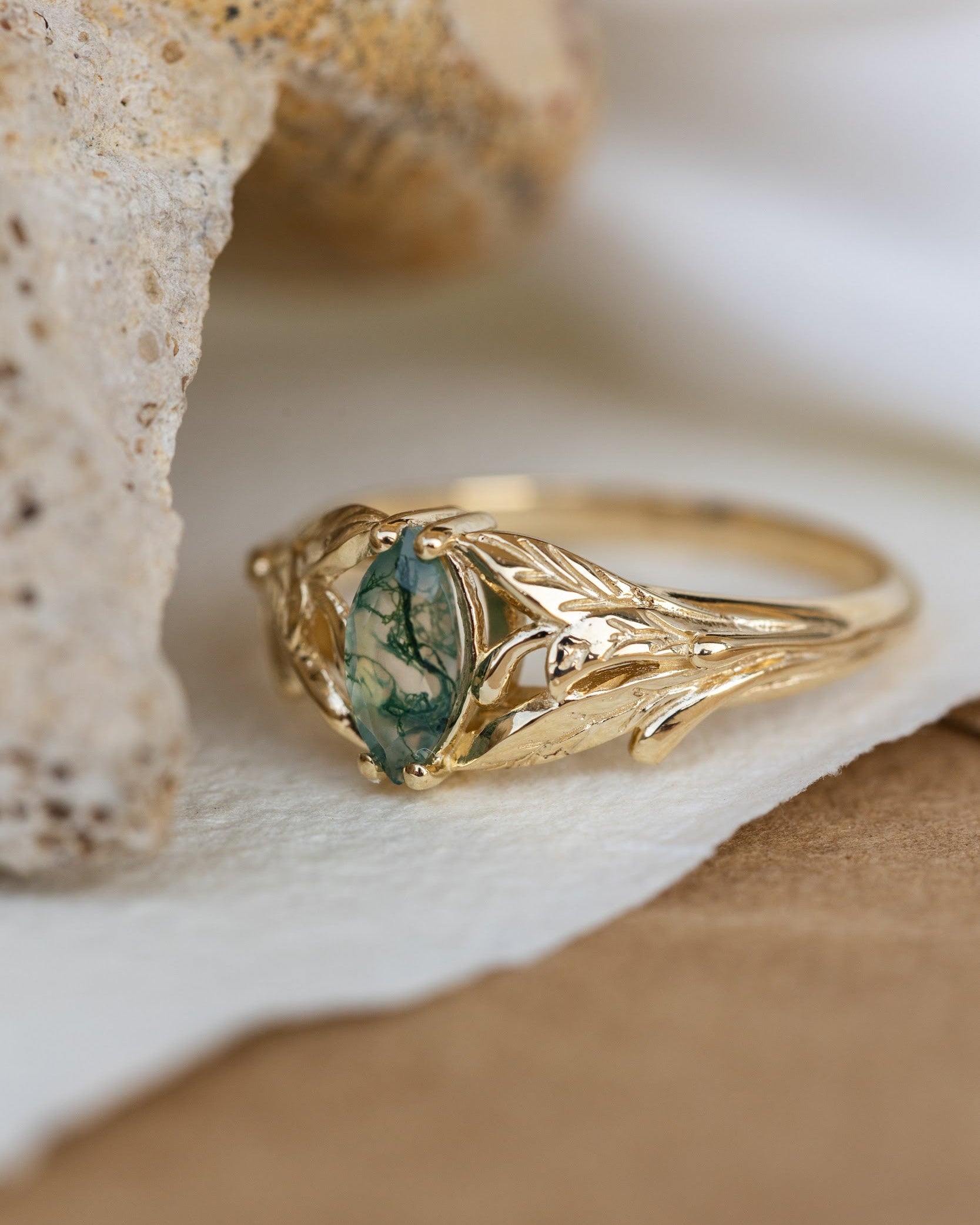 Rutile moss agate engagement ring, gold ring with marquise cut gemstone / Wisteria - Eden Garden Jewelry™