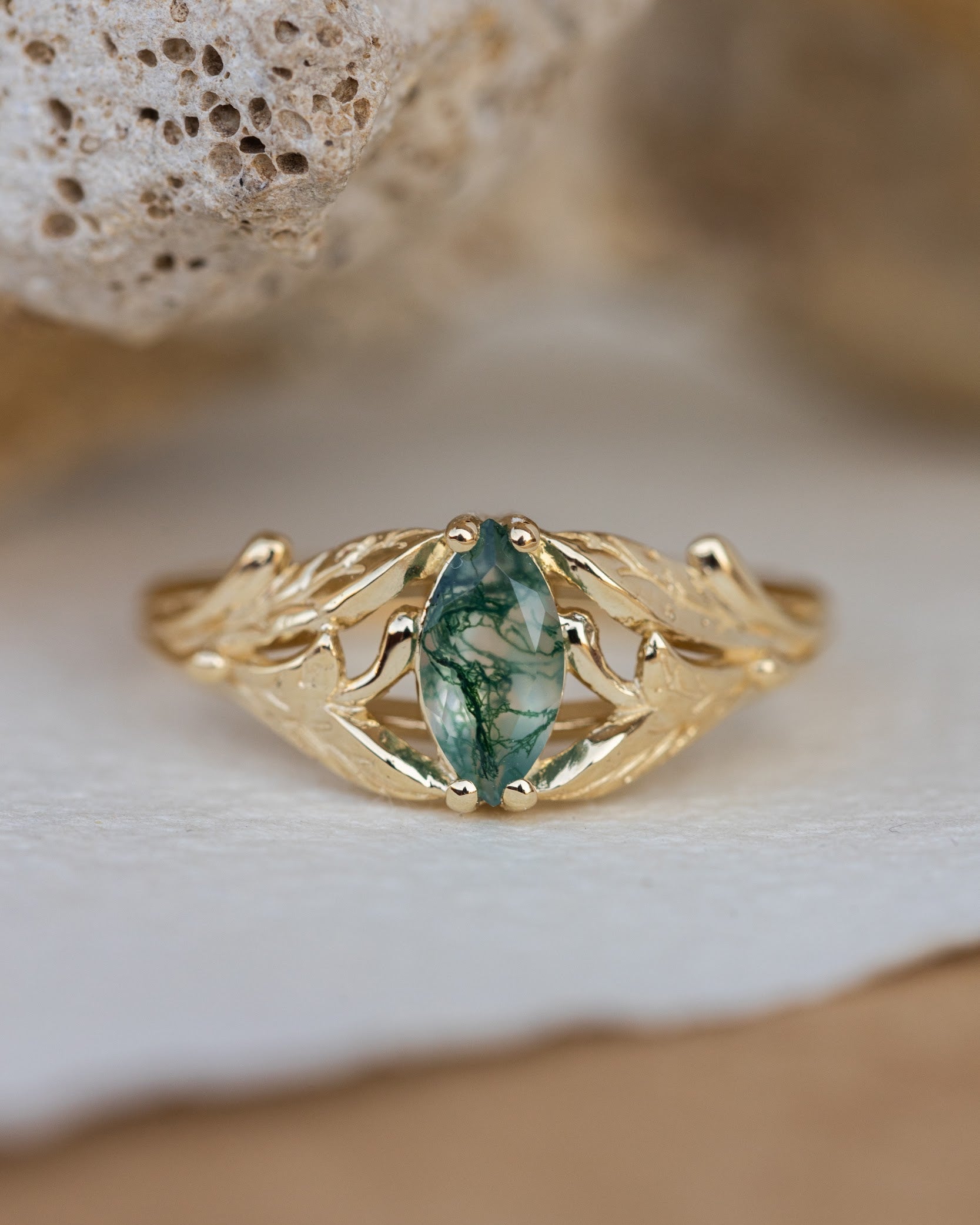 Rutile moss agate engagement ring, gold ring with marquise cut gemstone / Wisteria - Eden Garden Jewelry™
