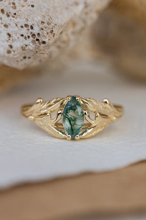 Rutile moss agate engagement ring, gold ring with marquise cut gemstone / Wisteria - Eden Garden Jewelry™