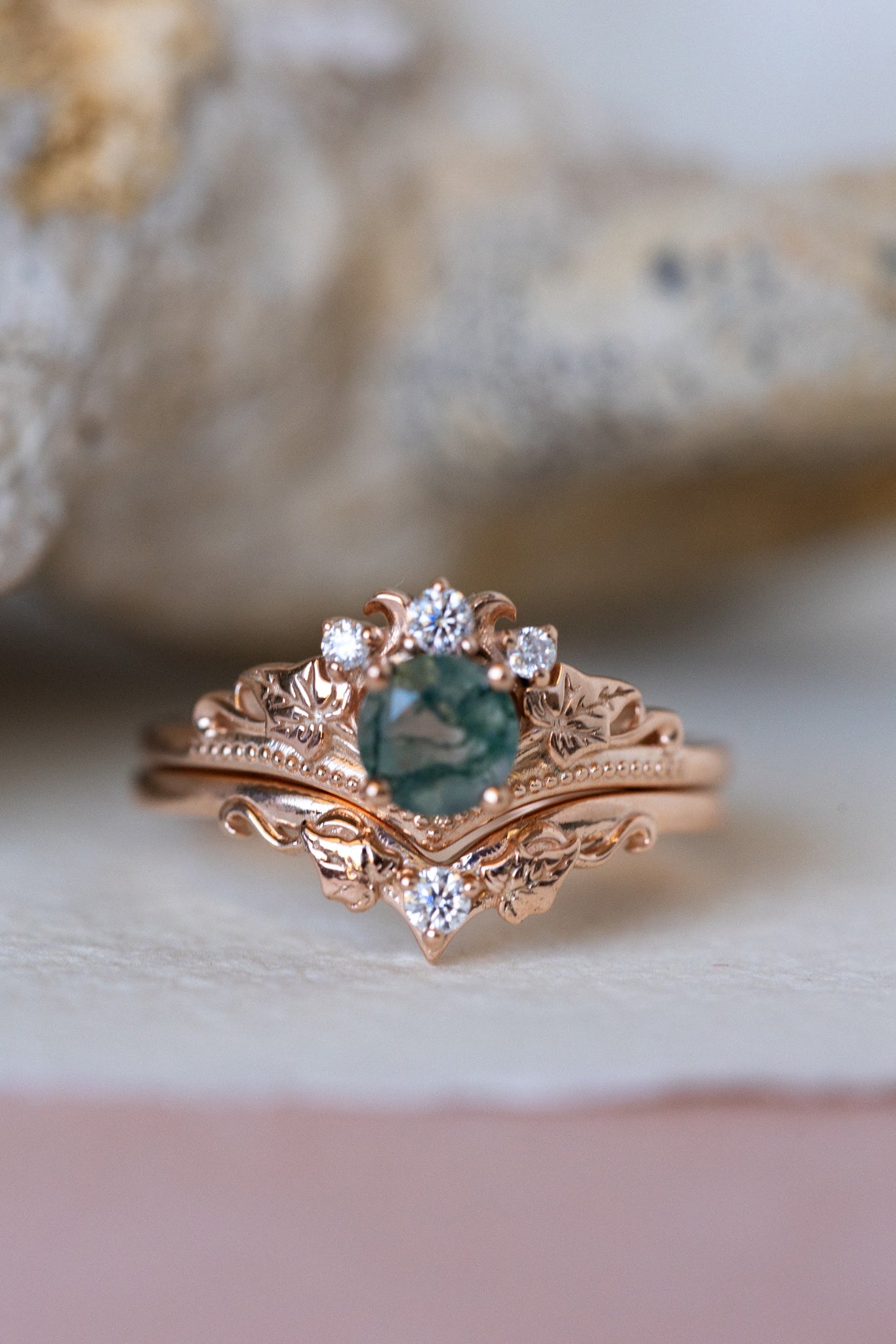 Round moss agate bridal ring set, diamond tiara rings / Ariadne - Eden Garden Jewelry™