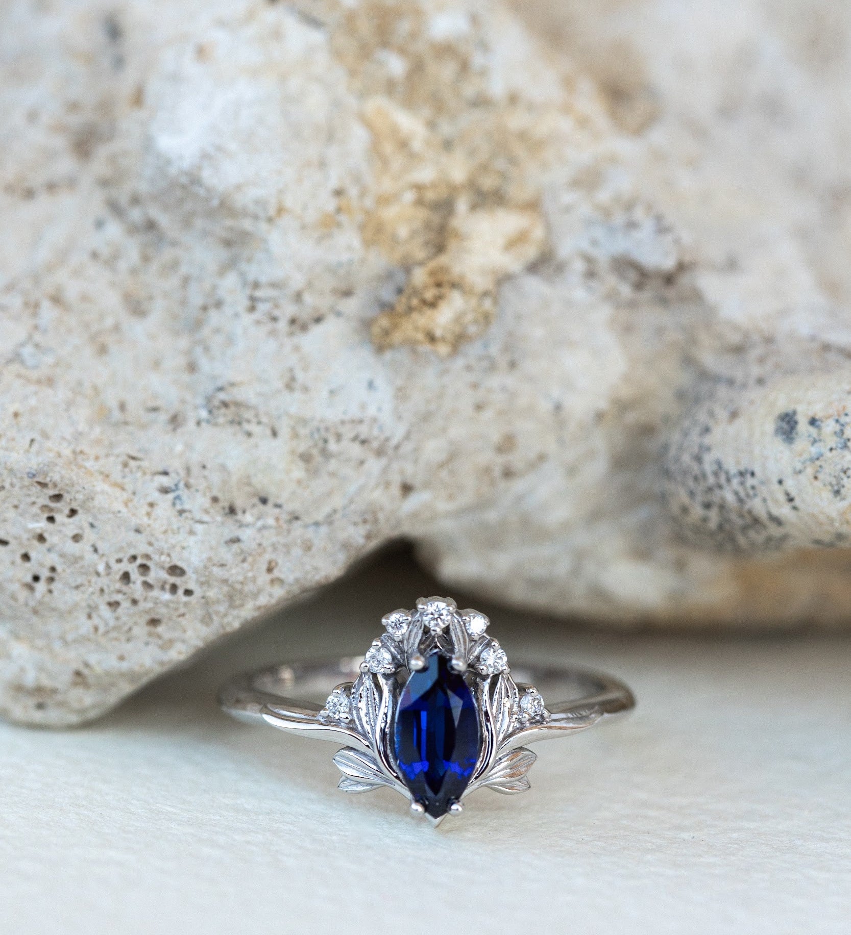 Lab blue sapphire engagement ring, iris flower gold ring with sapphire and diamonds / Iris - Eden Garden Jewelry™