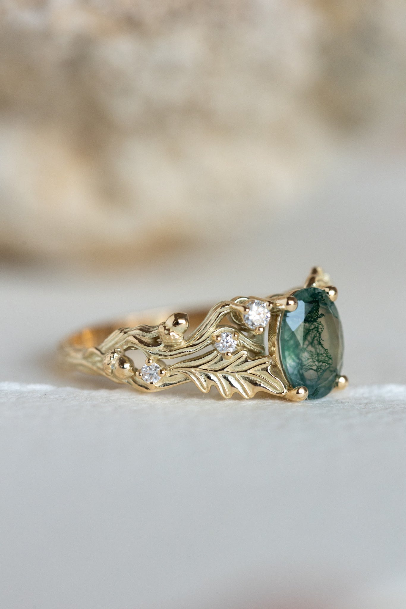Moss agate engagement ring, gold oak leaves and diamonds proposal ring / Silviya - Eden Garden Jewelry™