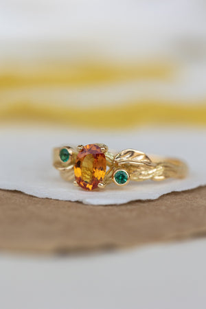 Genuine orange sapphire and natural emeralds branch engagement ring / Arius - Eden Garden Jewelry™