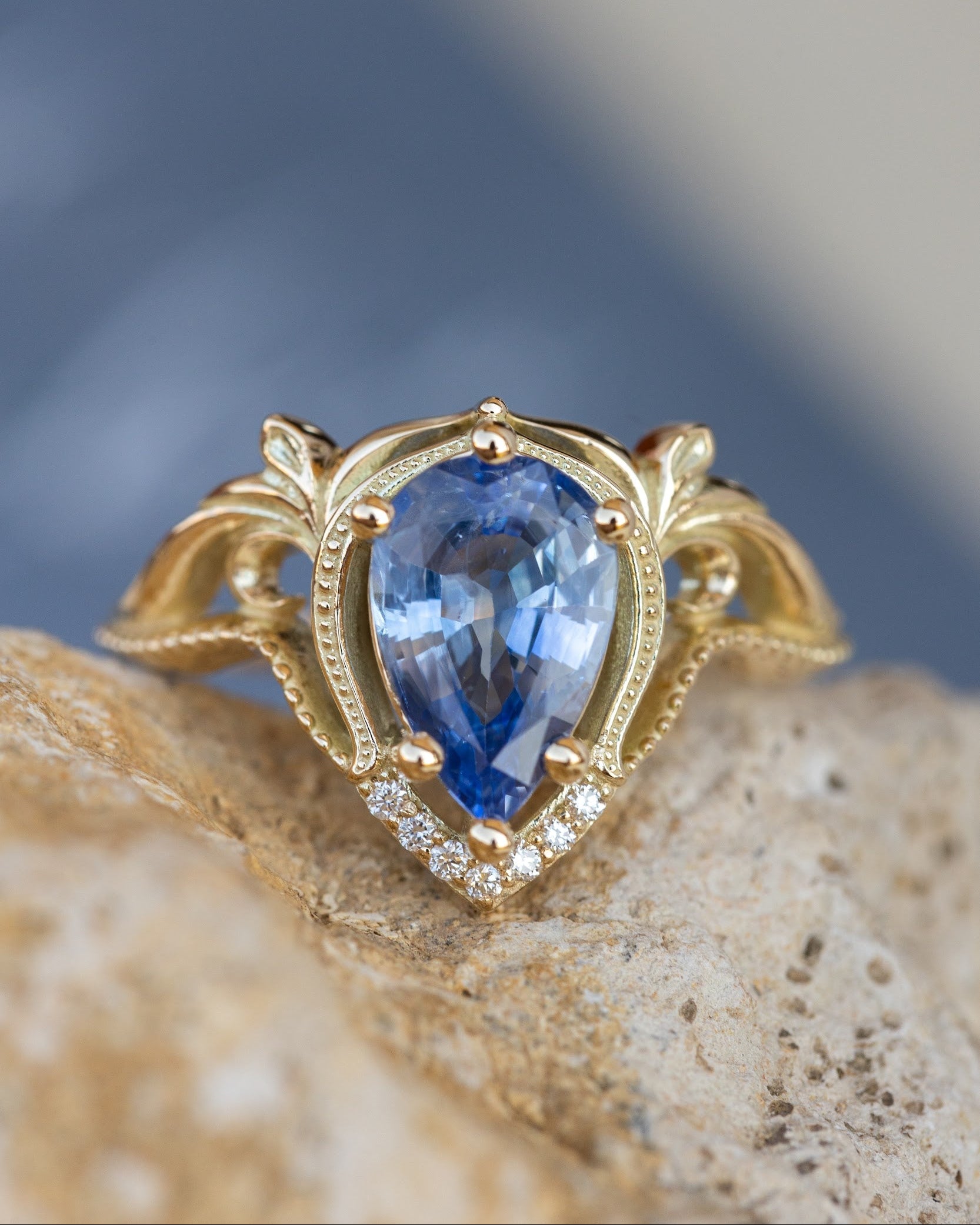 2 carat light blue sapphire engagement ring, vintage inspired gold statement ring / Lida - Eden Garden Jewelry™
