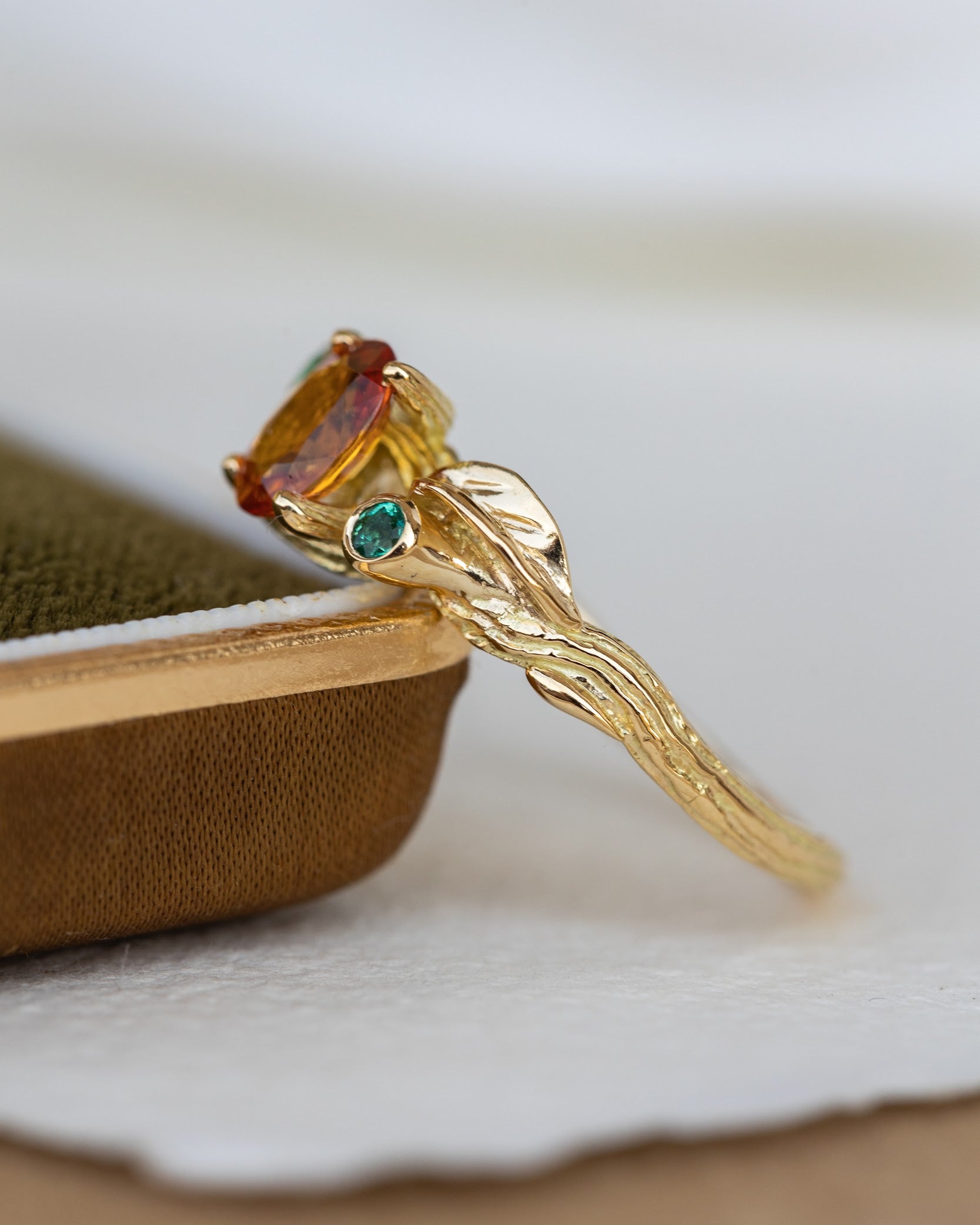 Genuine orange sapphire and natural emeralds branch engagement ring / Arius - Eden Garden Jewelry™
