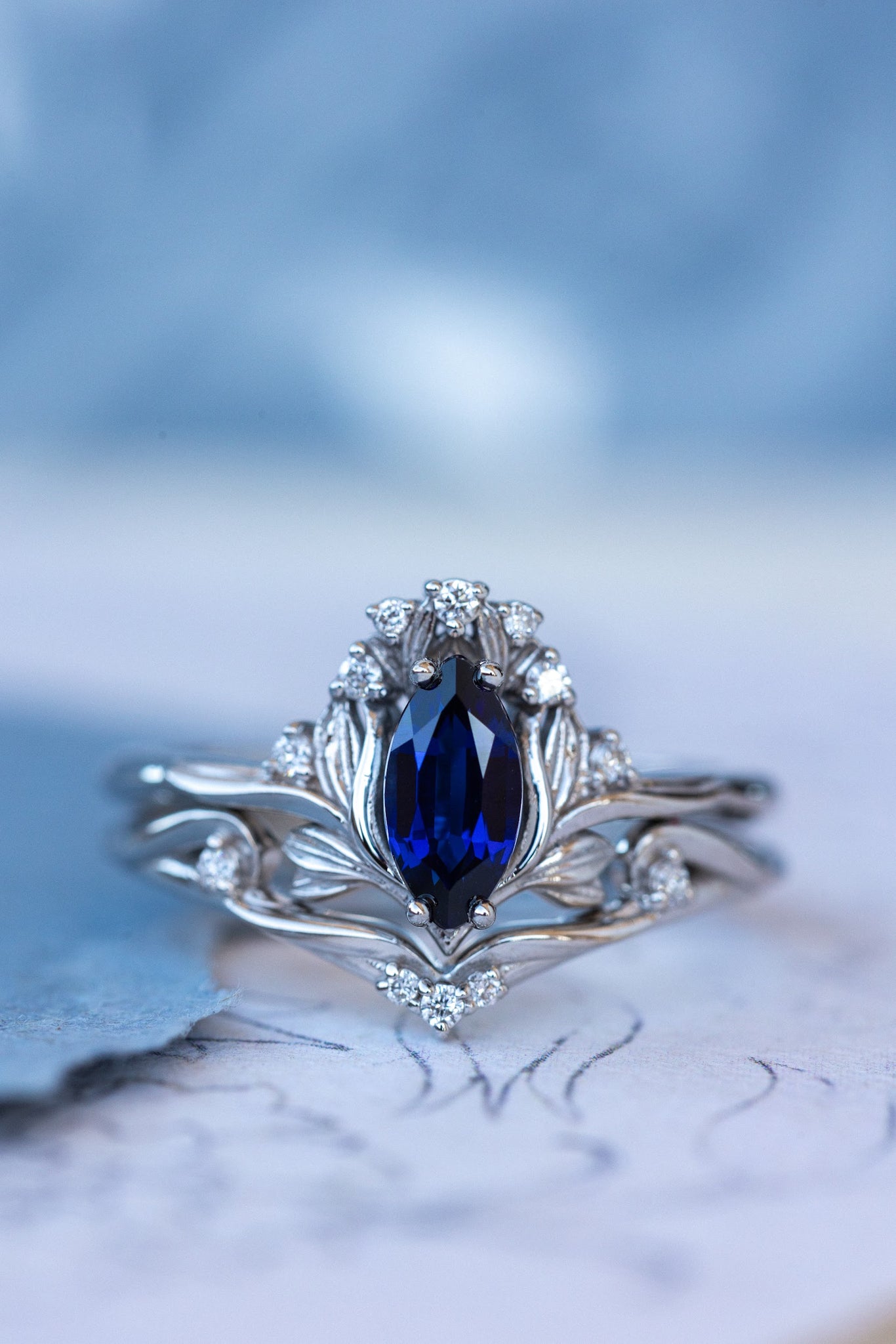 Flower design engagement ring set with lab sapphire, marquise cut gemstone bridal ring set / Iris - Eden Garden Jewelry™