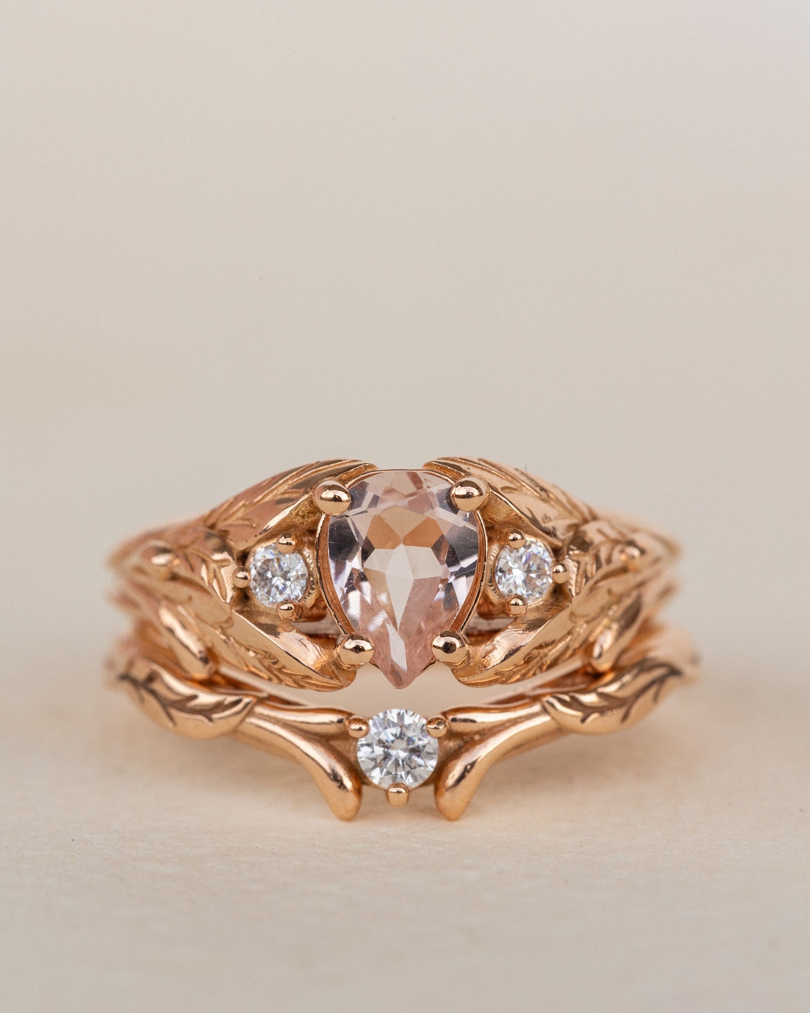 Natural rose morganite and side diamonds rose gold bridal ring set / Wisteria - Eden Garden Jewelry™