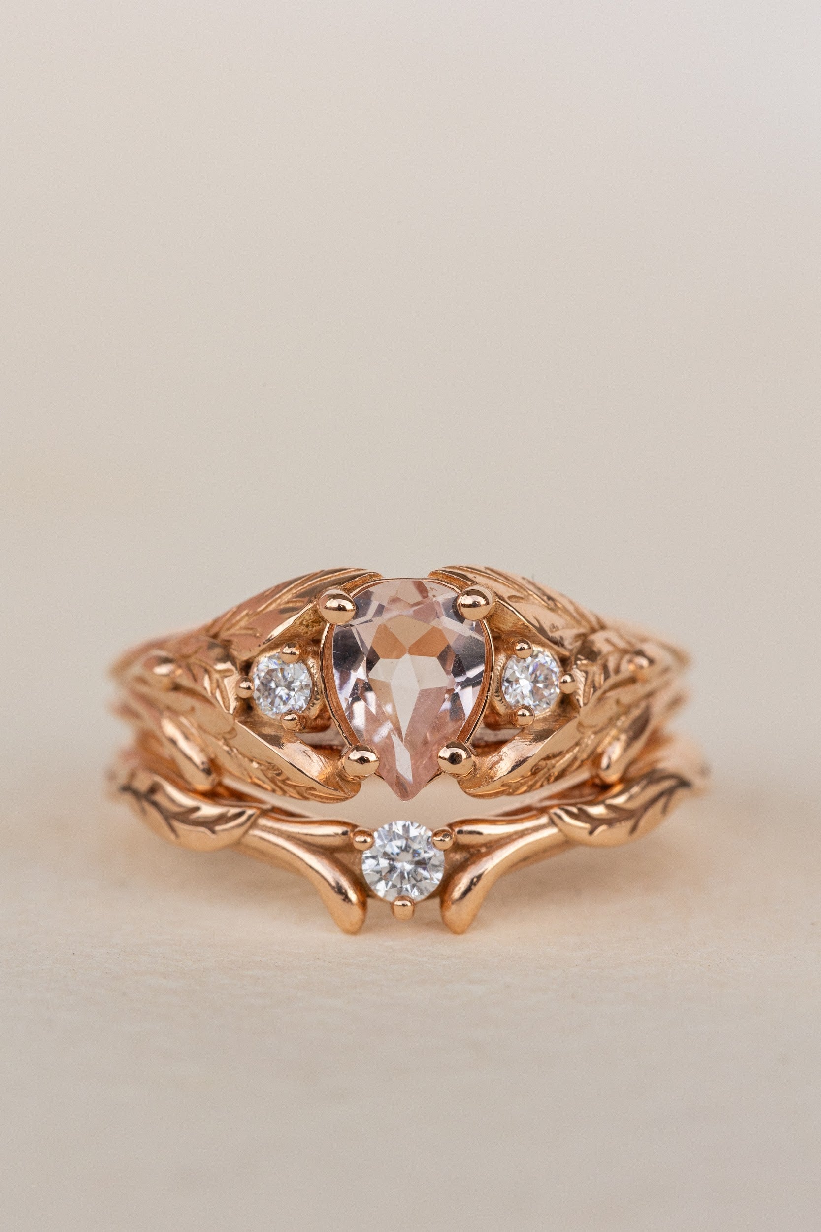 Natural rose morganite and side diamonds rose gold bridal ring set / Wisteria - Eden Garden Jewelry™