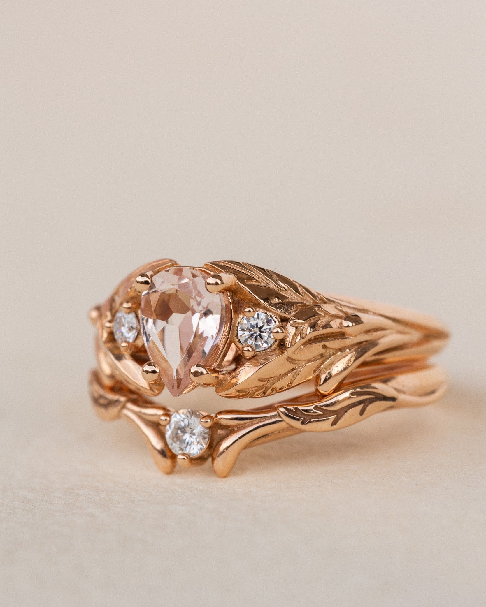 Natural rose morganite and side diamonds rose gold bridal ring set / Wisteria - Eden Garden Jewelry™